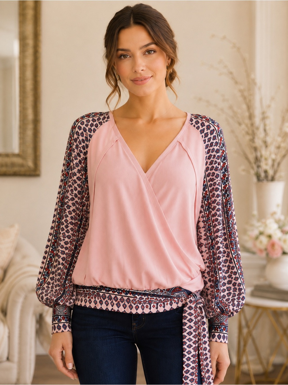 12PM by Mon Ami Pink Wrap Top M Puff Sleeve Boho Floral Tie Hem NWT
